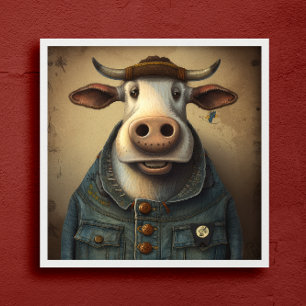 Póster Denim Dapper Cow - Una vaca divertida con un Poste