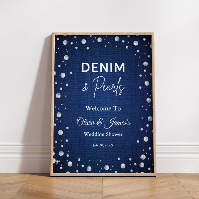Póster Denim Diamonds Pearls Blue Couple Bienvenidos (Denim Diamonds Pearls Blue Couple's Shower Welcome Sign )