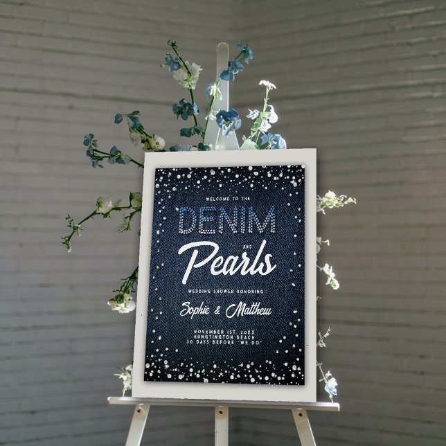 Póster Denim Diamonds Pearls Blue Couple Shower Bienvenid (denim and pearls couples shower welcome poster blue white coed elegant modern classy)