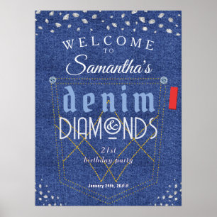 Póster Denim y Diamonds Jeans Azules Bling Birday Party