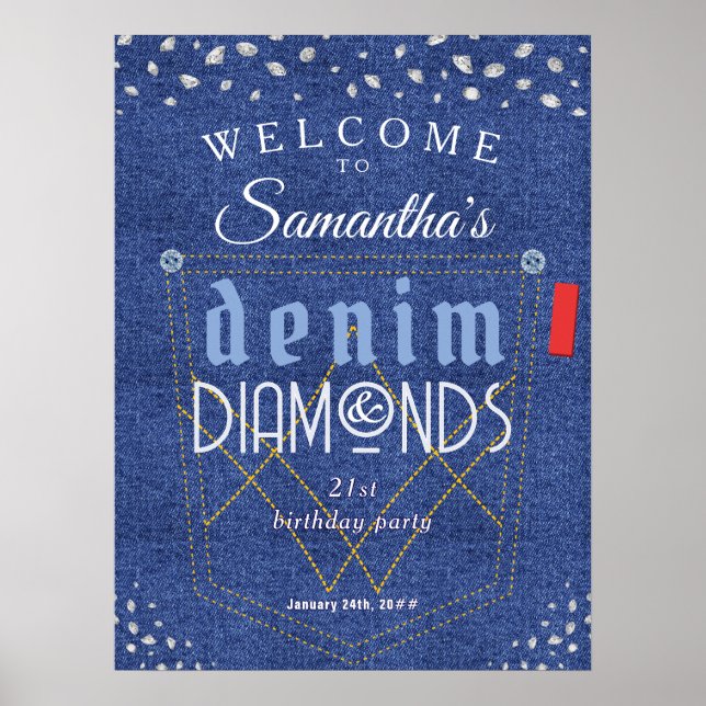 Póster Denim y Diamonds Jeans Azules Bling Birday Party (Frente)