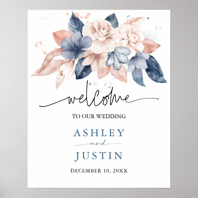 Póster Denim y Rótulo de Boda floral de diseño (Frente)