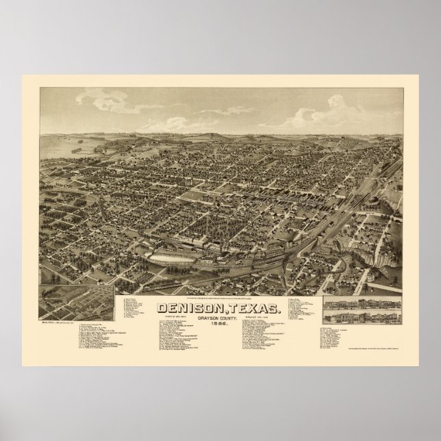 Póster Denison, TX Panoramic Map - 1886 (Frente)