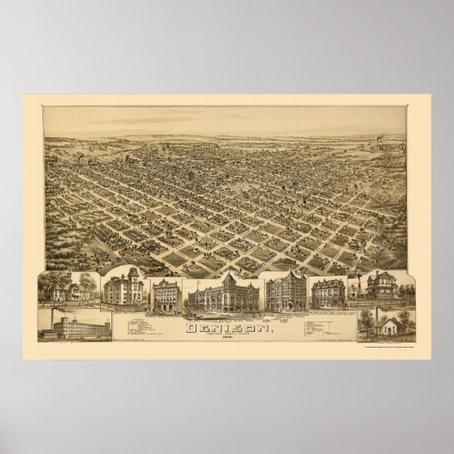 Póster Denison, TX Panoramic Map - 1891 (Frente)