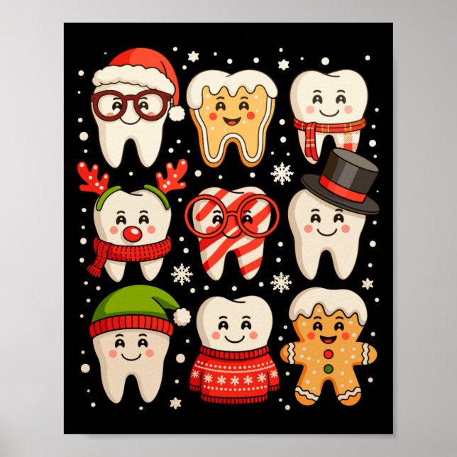 Póster Dental Christmas Cute Teeth Dentist Santa Hat Xmas (Frente)