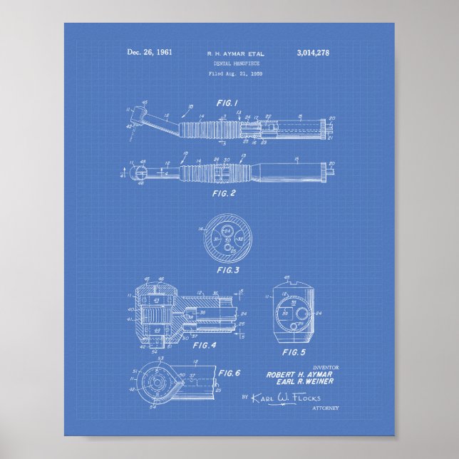 Póster Dental Handpiece 1961 Patent Art Blueprint (Frente)