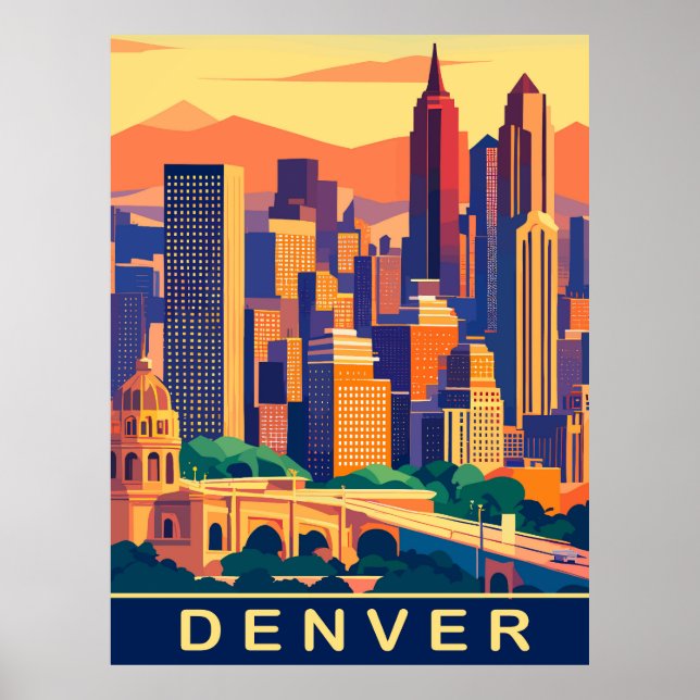Póster Denver, City Skyline, Viajes (Frente)