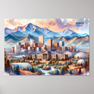 Póster Denver Colorado USA Travel Places acuarela