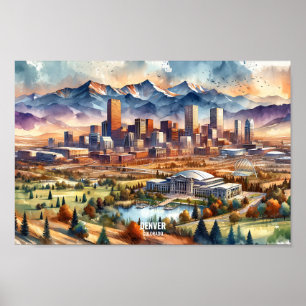 Póster Denver Colorado USA Travel Places acuarela