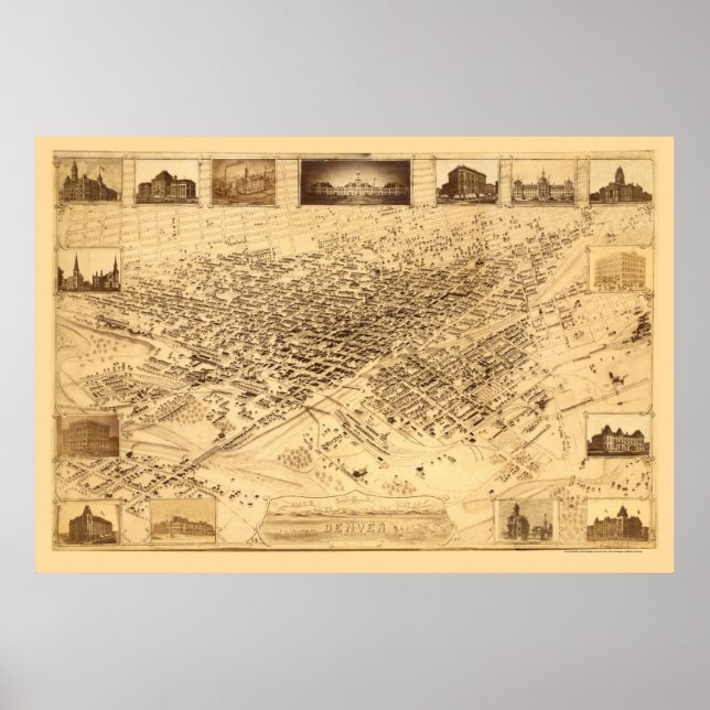 Póster Denver, Mapa Panorámico de CO - 1881 (Frente)