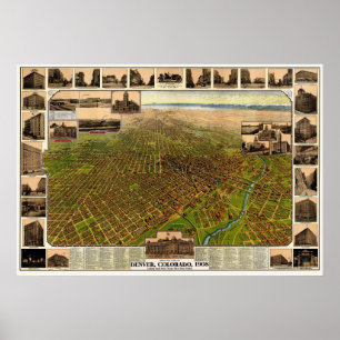 Póster Denver, Mapa Panorámico de CO - 1908