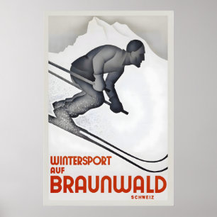 Póster Deporte de invierno en Braunwald Suiza Esquí vinta
