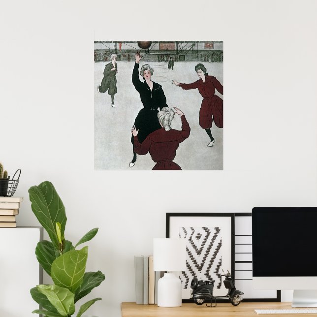 Póster Deportes de época, baloncesto femenino en juego (Oficina en casa)