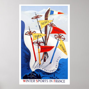 Póster Deportes de invierno en Francia, viajes vintage