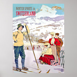 Póster Deportes de invierno en Suiza, viaje vintage