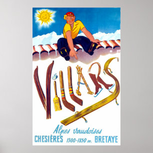 Póster Deportes de invierno en Villars, Suiza, vintage
