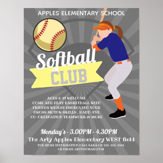Póster deportes de la escuela de torneos de softball Club (Frente)