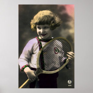 Póster Deportes de tenis vintage, niña feliz con raqueta