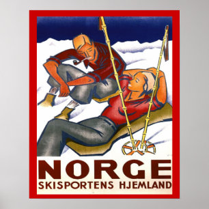 Póster Deportes vintage de invierno, Noruega, deportes de