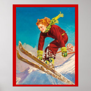 Póster Deportes vintage de invierno, saltador de esquí La