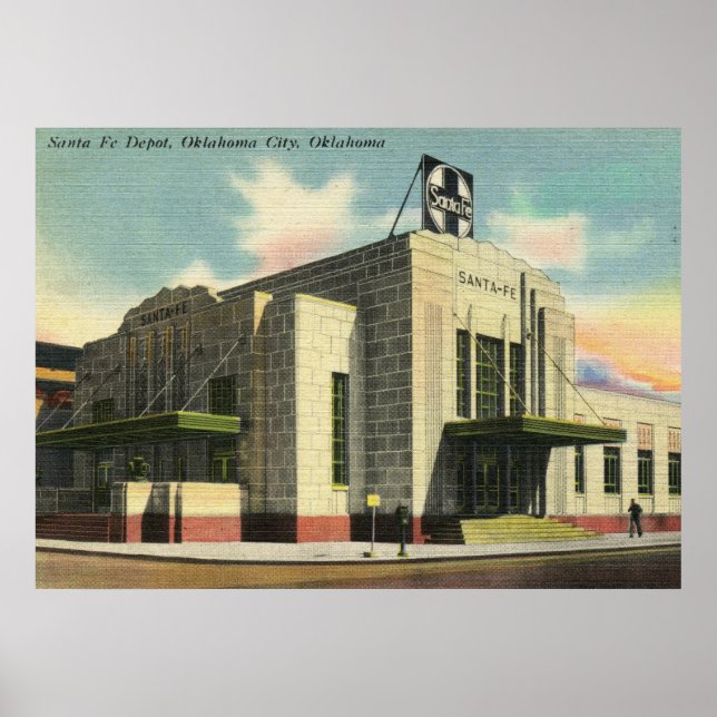Póster Depósito de trenes de Santa Fe, Oklahoma City Vint (Frente)