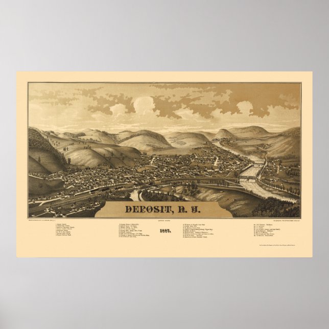 Póster Depósito, Mapa Panorámico de Nueva York - 1887 (Frente)