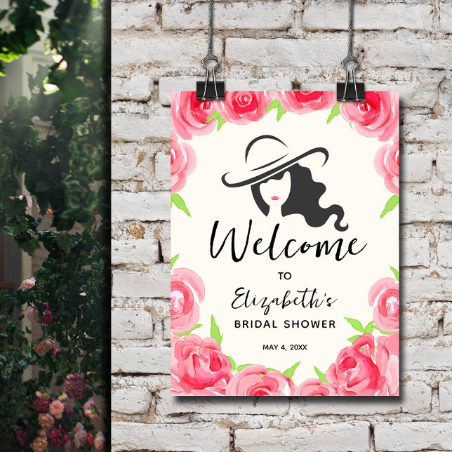 Póster Derby Gorra y Rosas Bienvenidos a la ducha de novi (Derby Hat and Roses Bridal Shower Welcome Poster)