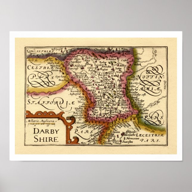 Póster Derbyshire (Darbyshire) Condado de Inglaterra Mapa (Frente)