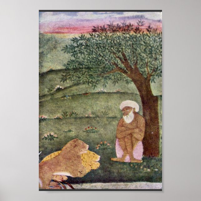 Póster Derroche Con Un León Y Un Tigre. Pintura mogol. (Frente)