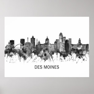 Póster Des Moines Iowa Skyline BW