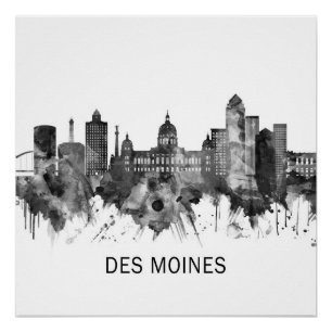 Póster Des Moines Iowa Skyline BW