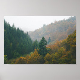 Póster Desaparición de capas de bosque de otoño con niebl