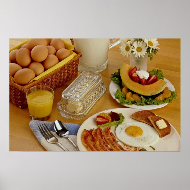 Póster Desayuno de tocino, huevos y jarra de leche (Frente)
