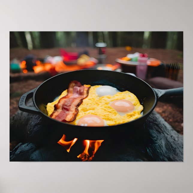 Póster Desayuno en camping: Bacon y huevos (Frente)