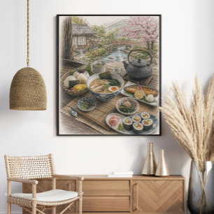 Póster Desayuno Japonés Tradicional junto a un Jardín