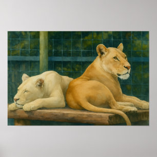 Póster Descanso protegido - Pareja de leones en ambientes