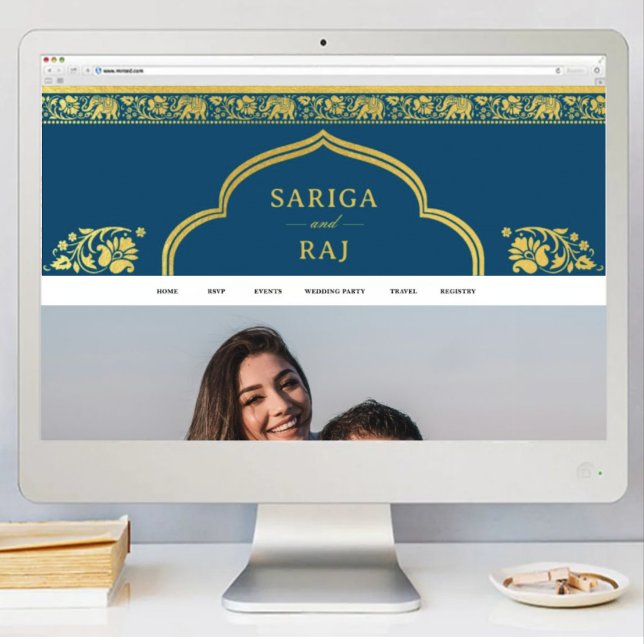 Póster Descarga de archivo digital de banners de sitios W (indian wedding web site banner, hindu wedding web site design, elephant lotus flower gold and blue)