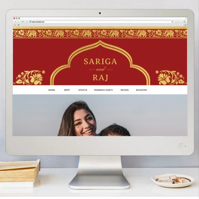Póster Descarga de archivo digital de banners de sitios W (indian wedding web site banner, hindu wedding web site design, elephant lotus flower gold and red)