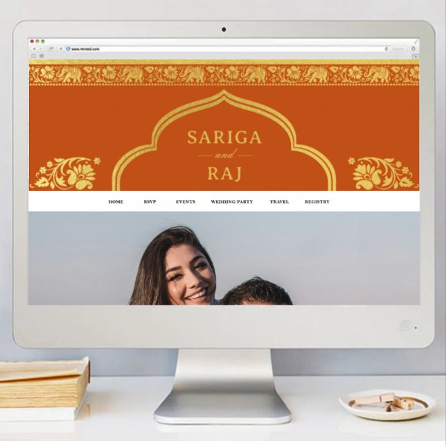 Póster Descarga de archivo digital de banners de sitios W (indian wedding web site banner, hindu wedding web site design, elephant lotus flower gold and orange)