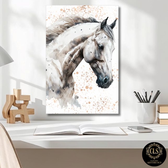 Póster Descargable de Arte Acuarela de Caballo Bla (close up of office desk and White Horse Watercolor Art Downloadable Poster on wall
)