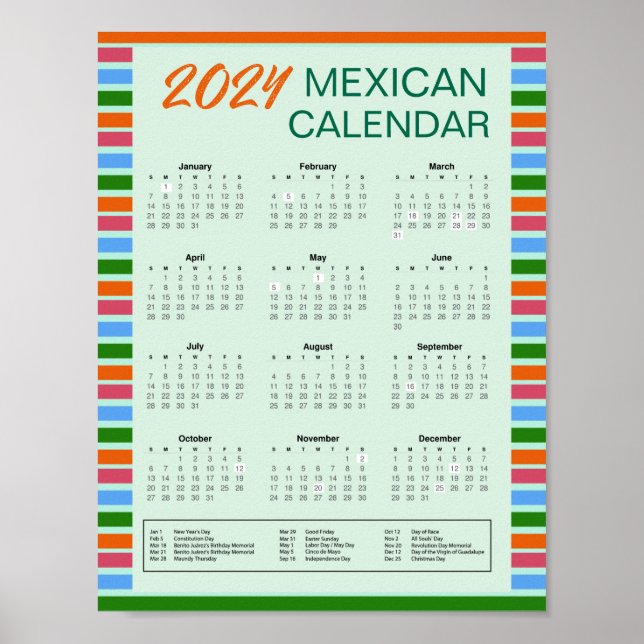 Póster Descargar Calendario Mexicano 2024  con Festivos (Frente)