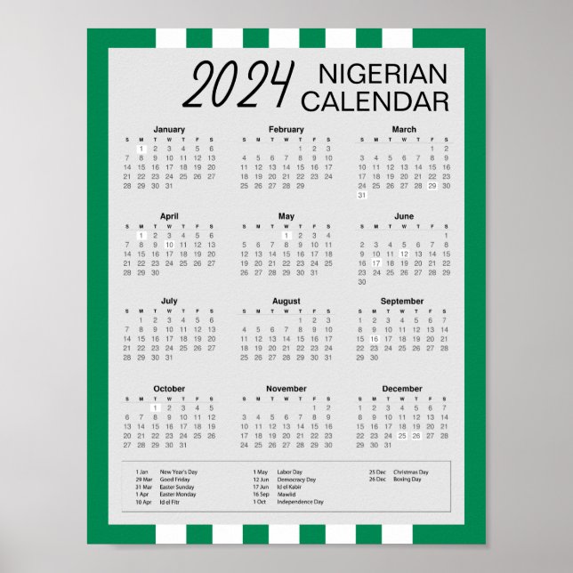 Póster Descargar Calendario Nigeriano 2024 $5.95 PDF (Frente)