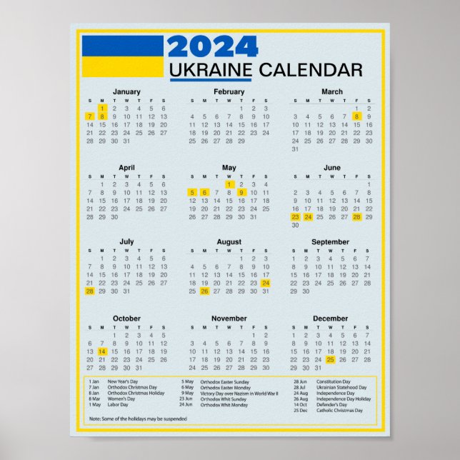 Póster Descargar calendario ucraniano 2024 con vacaciones (Frente)