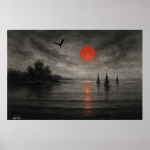 Póster Descenso Carmesí - Velero Bajo el Cielo del Dragón