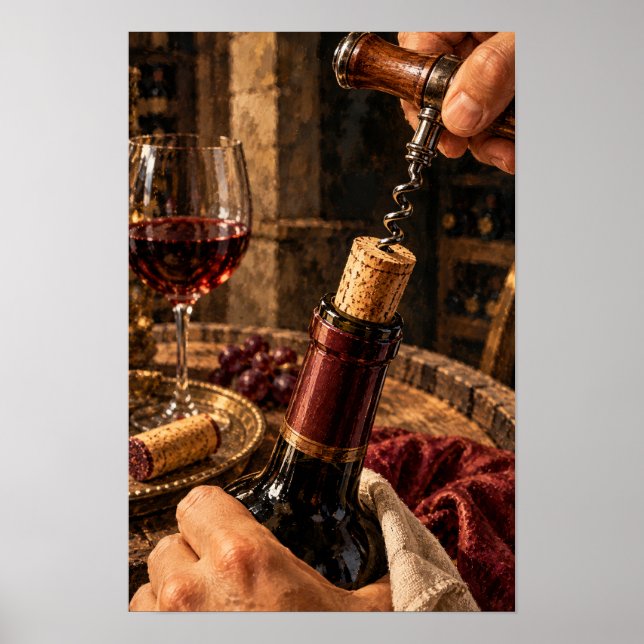 Póster Descorchar una botella de vino tinto – Bodegón de  (Frente)