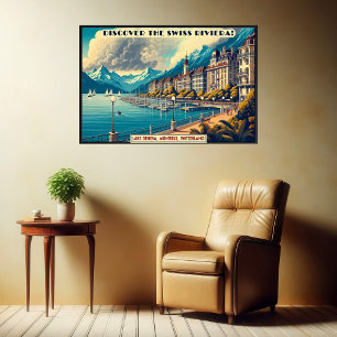 Póster Descubra el Viaje Vintage de la Riviera Suiza