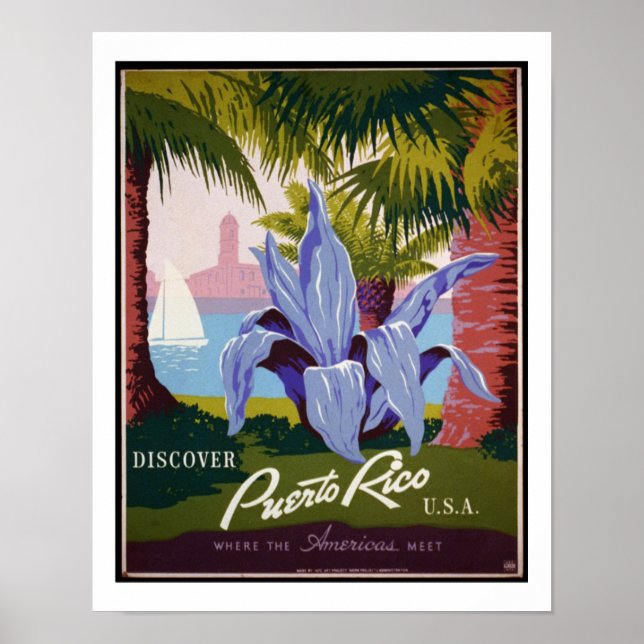 Póster Descubra Puerto Rico USA Vintage Travel Poster (Frente)