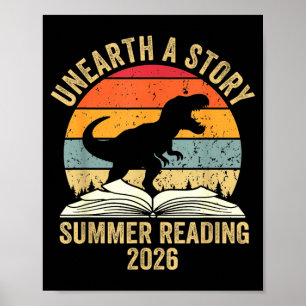 Póster Descubre una historia verano lectura 2026 t-rex le