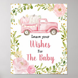 Póster Deseos de Baby Shower de calabaza rosa otoño para