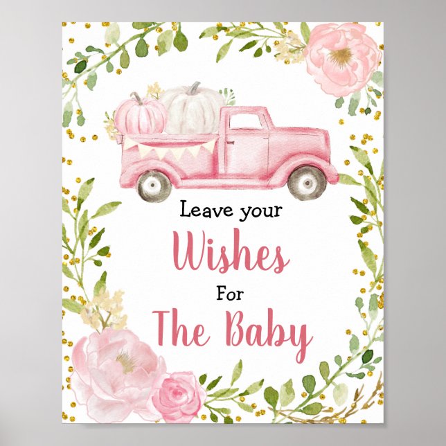 Póster Deseos de Baby Shower de calabaza rosa otoño para  (Frente)